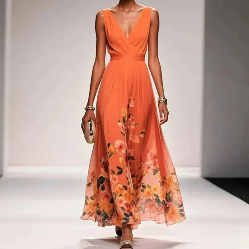 Women's Floral A-Line Maxi Wedding Guest Dress with V-Neck