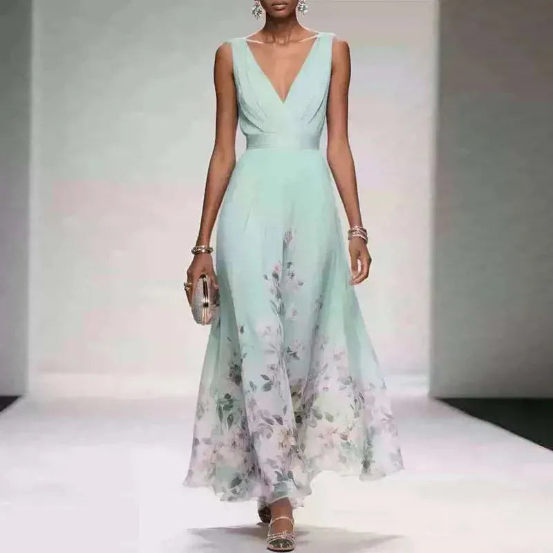 Women's Floral A-Line Maxi Wedding Guest Dress with V-Neck