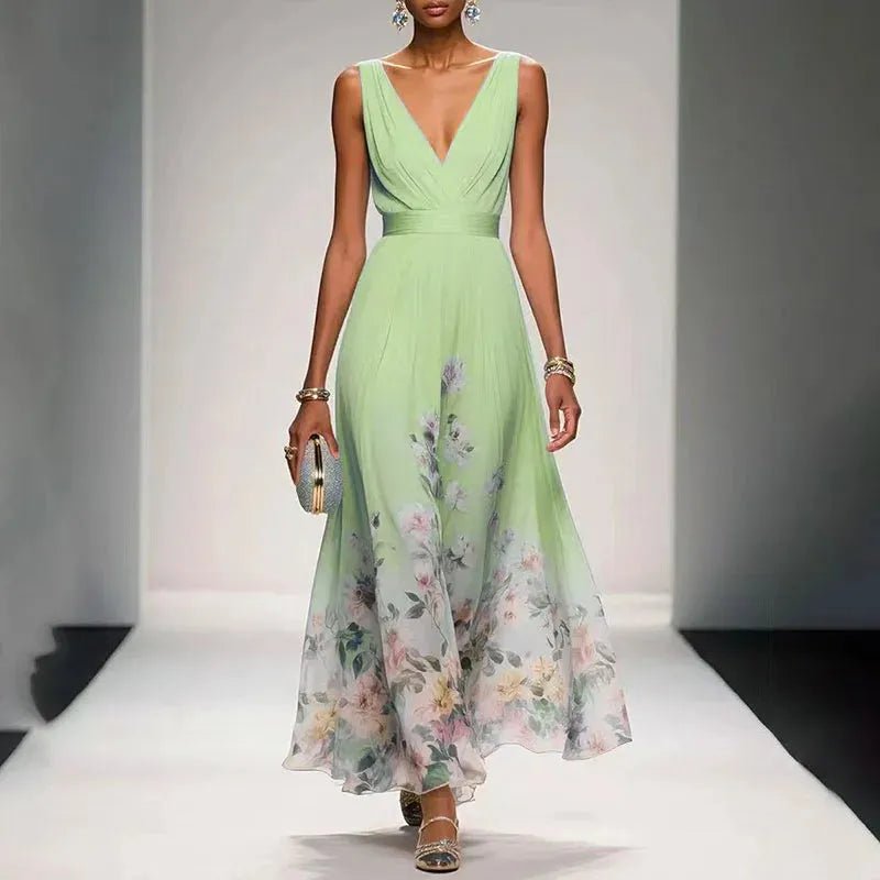 Women's Floral A-Line Maxi Wedding Guest Dress with V-Neck