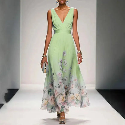 Women's Floral A-Line Maxi Wedding Guest Dress with V-Neck