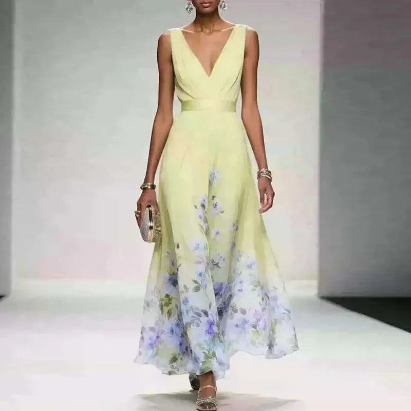 Women's Floral A-Line Maxi Wedding Guest Dress with V-Neck