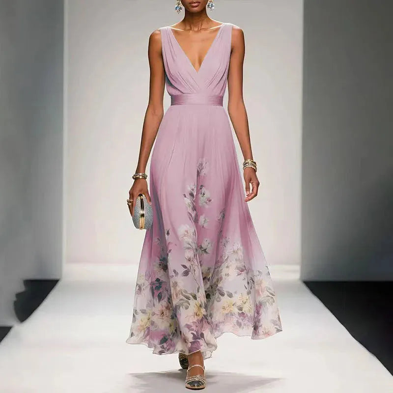 Women's Floral A-Line Maxi Wedding Guest Dress with V-Neck