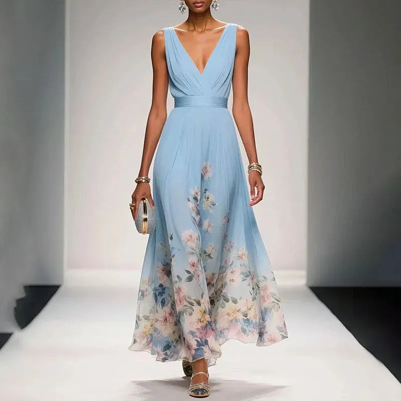 Women's Floral A-Line Maxi Wedding Guest Dress with V-Neck