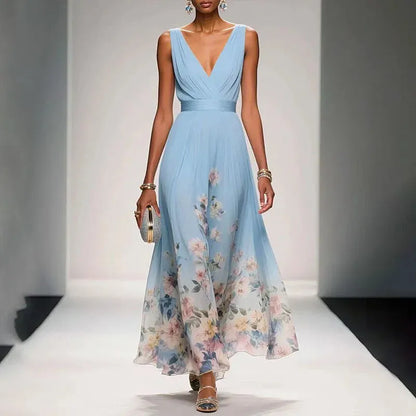 Women's Floral A-Line Maxi Wedding Guest Dress with V-Neck