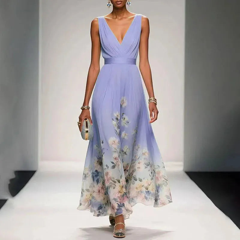 Women's Floral A-Line Maxi Wedding Guest Dress with V-Neck