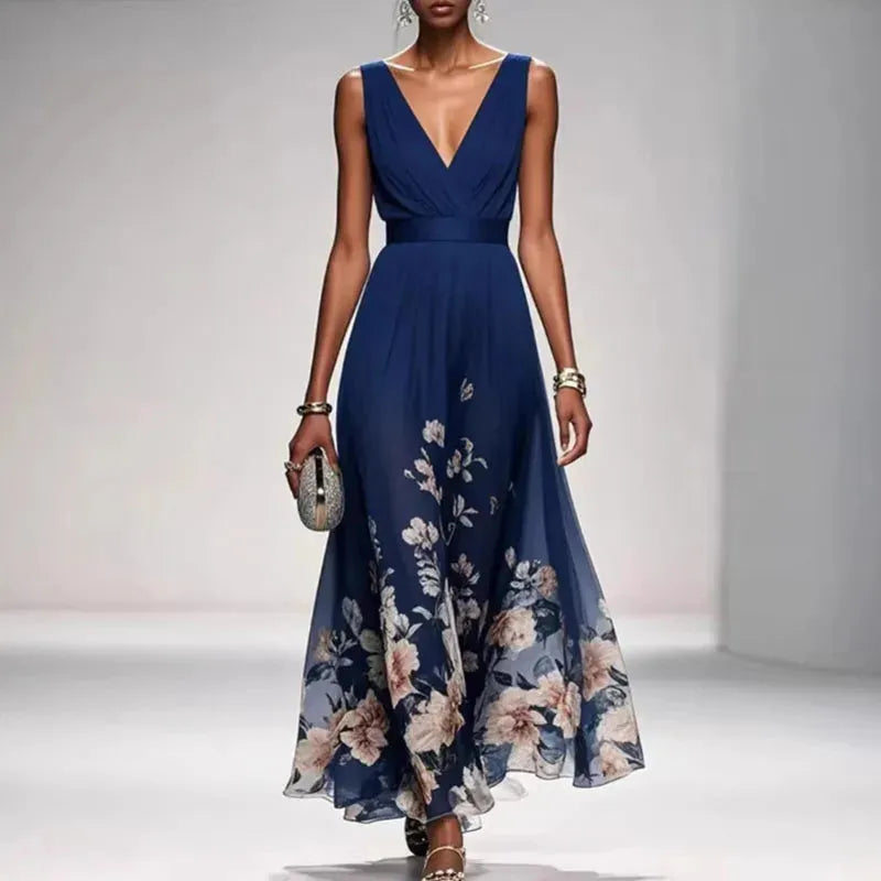 Women's Floral A-Line Maxi Wedding Guest Dress with V-Neck