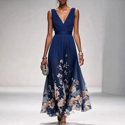 Women's Floral A-Line Maxi Wedding Guest Dress with V-Neck