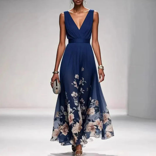 Women's Floral A-Line Maxi Wedding Guest Dress with V-Neck
