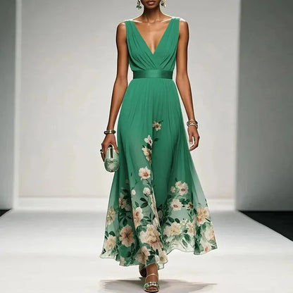 Women's Floral A-Line Maxi Wedding Guest Dress with V-Neck