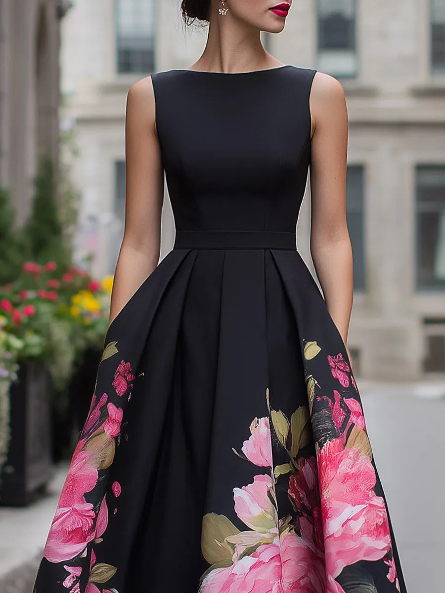 Women's Floral A-Line Midi Wedding Guest Dress with Boat Neck