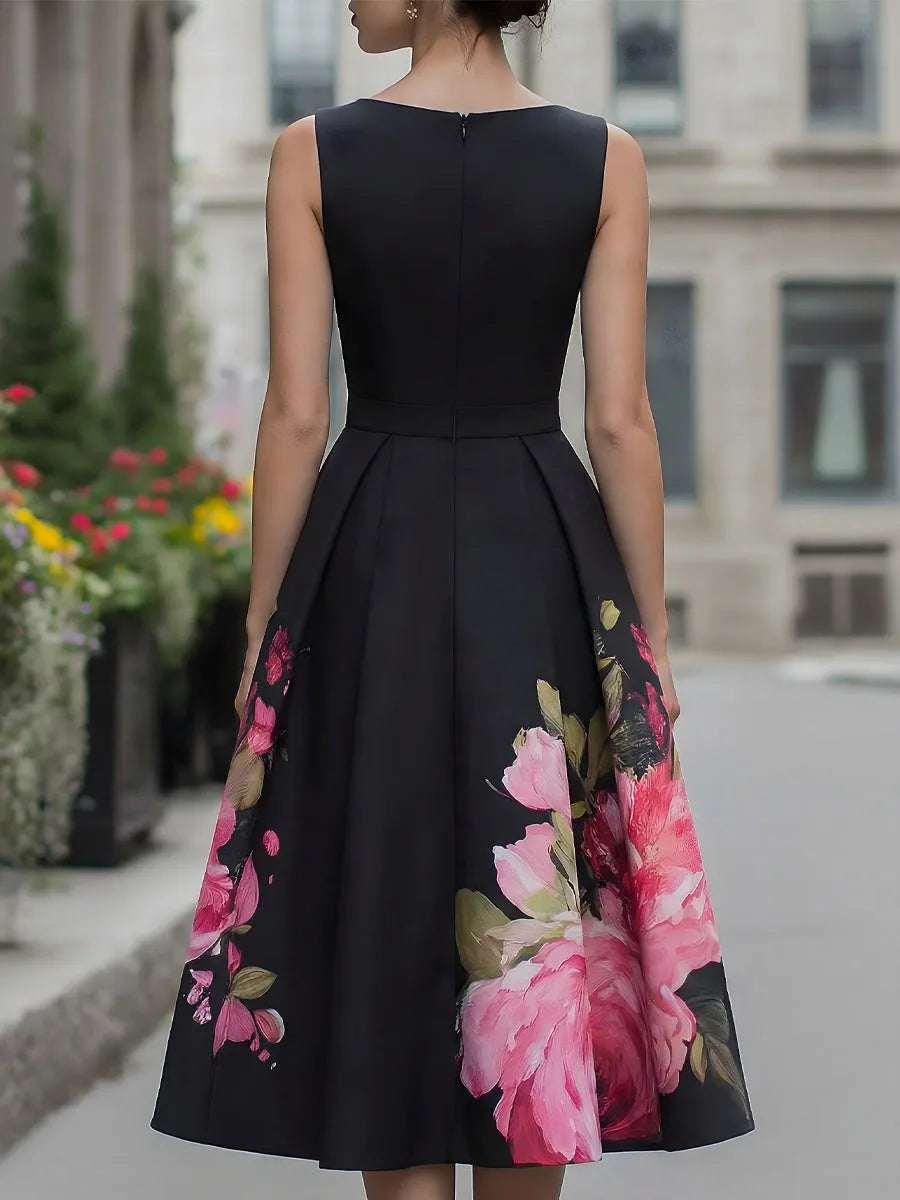 Women's Floral A-Line Midi Wedding Guest Dress with Boat Neck