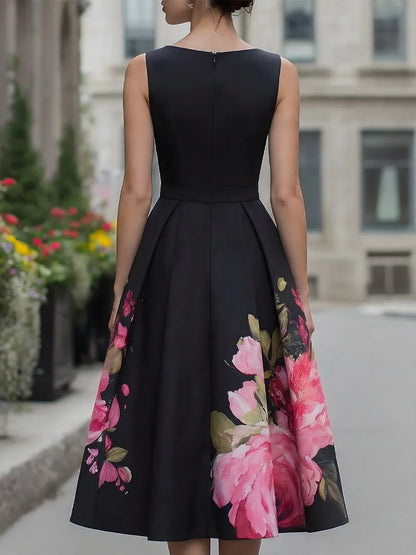 Women's Floral A-Line Midi Wedding Guest Dress with Boat Neck
