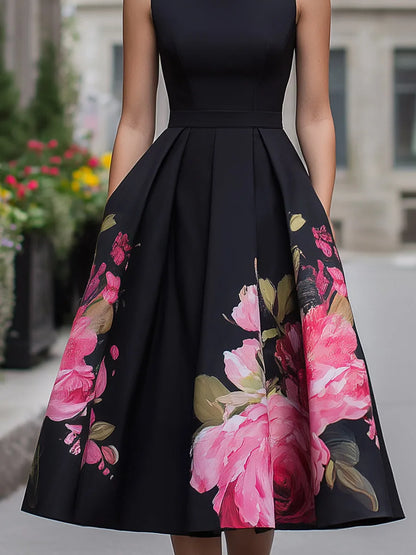Women's Floral A-Line Midi Wedding Guest Dress with Boat Neck