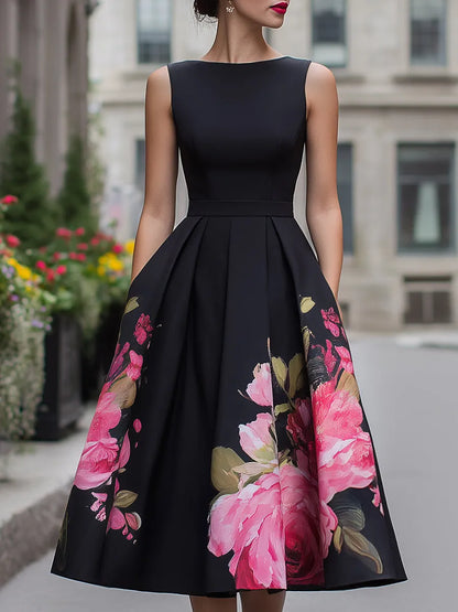 Women's Floral A-Line Midi Wedding Guest Dress with Boat Neck