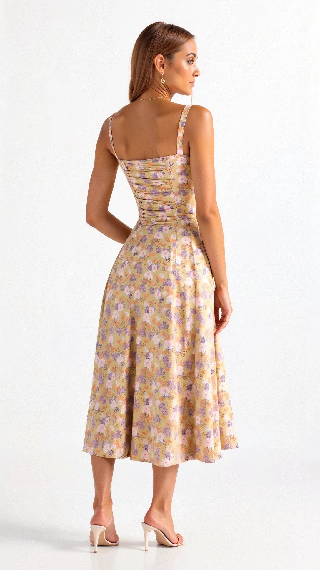 Women's Floral A-Line Midi Wedding Guest Dress with Slit