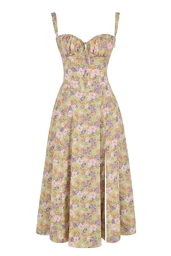 Women's Floral A-Line Midi Wedding Guest Dress with Slit