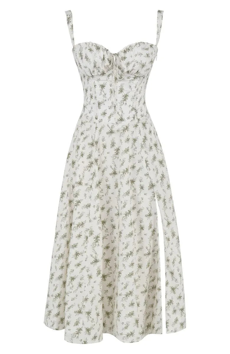 Women's Floral A-Line Midi Wedding Guest Dress with Slit