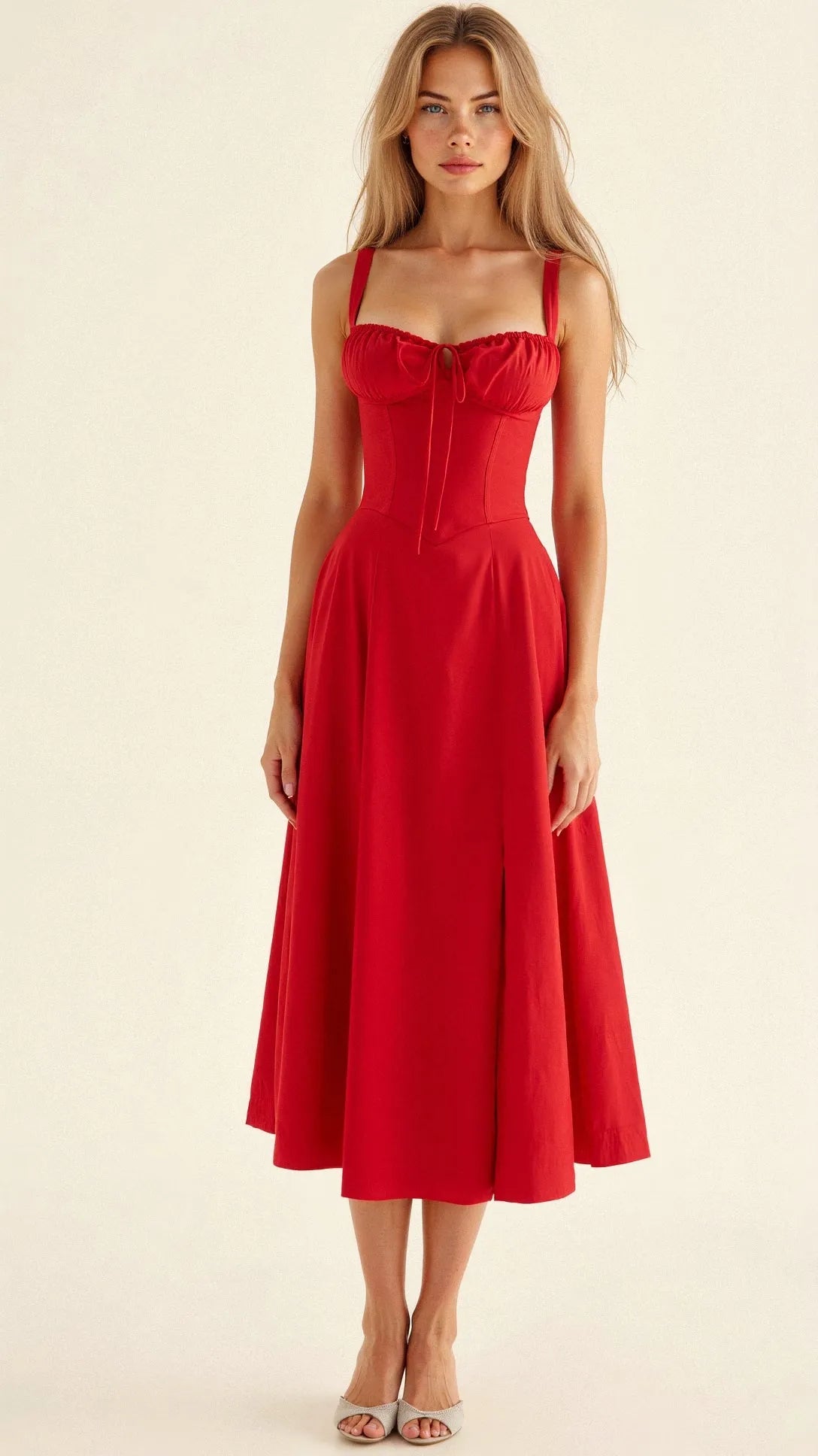 Women's Floral A-Line Midi Wedding Guest Dress with Slit