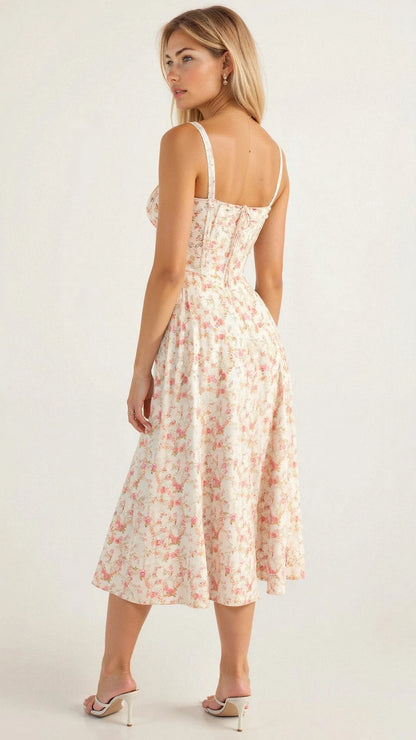 Women's Floral A-Line Midi Wedding Guest Dress with Slit