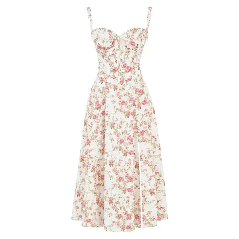 Women's Floral A-Line Midi Wedding Guest Dress with Slit