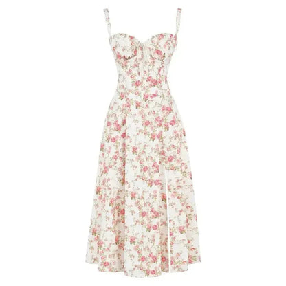 Women's Floral A-Line Midi Wedding Guest Dress with Slit