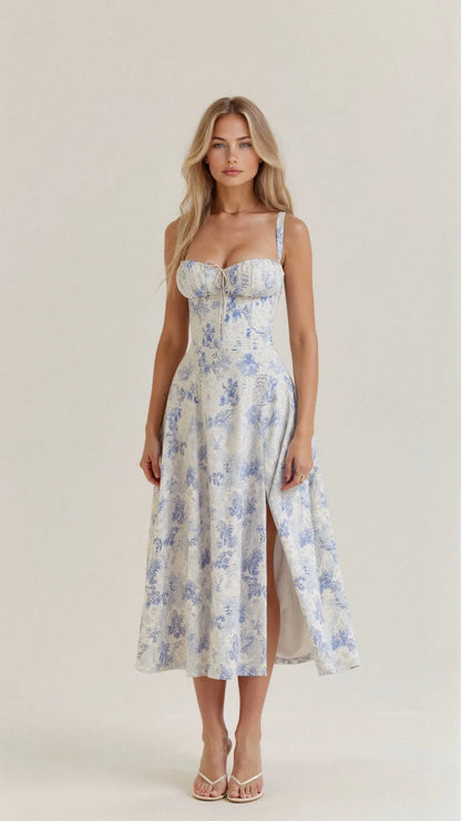 Women's Floral A-Line Midi Wedding Guest Dress with Slit