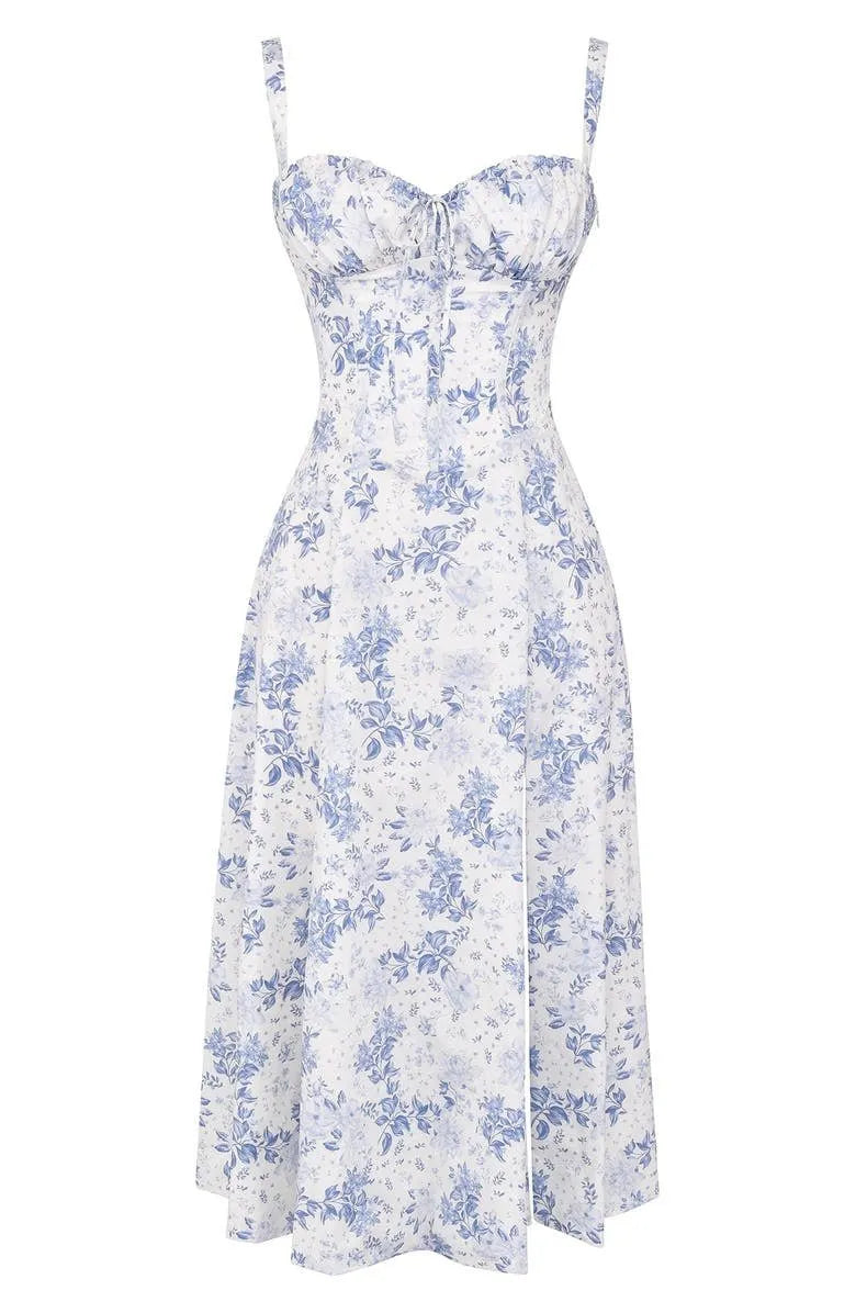 Women's Floral A-Line Midi Wedding Guest Dress with Slit