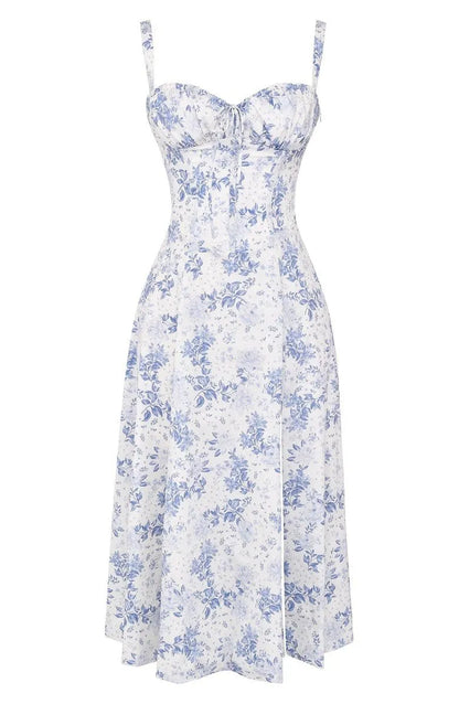 Women's Floral A-Line Midi Wedding Guest Dress with Slit