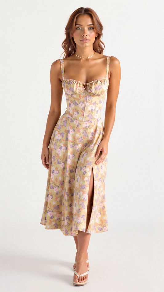 Women's Floral A-Line Midi Wedding Guest Dress with Slit