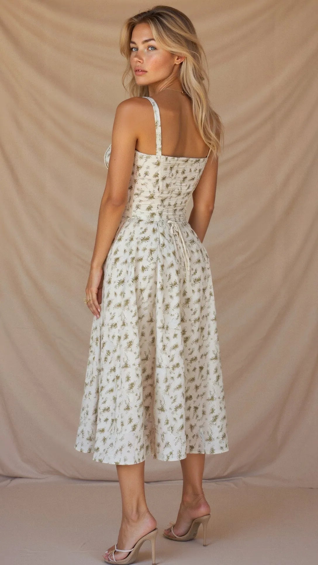 Women's Floral A-Line Midi Wedding Guest Dress with Slit