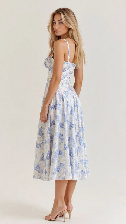 Women's Floral A-Line Midi Wedding Guest Dress with Slit