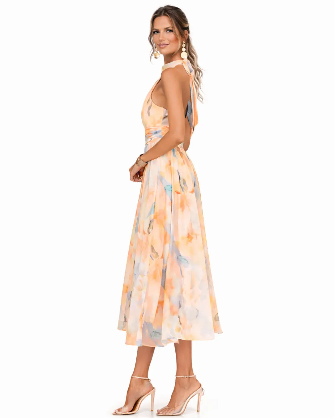 Women's Floral Backless Midi Wedding Guest Dress with High Neck