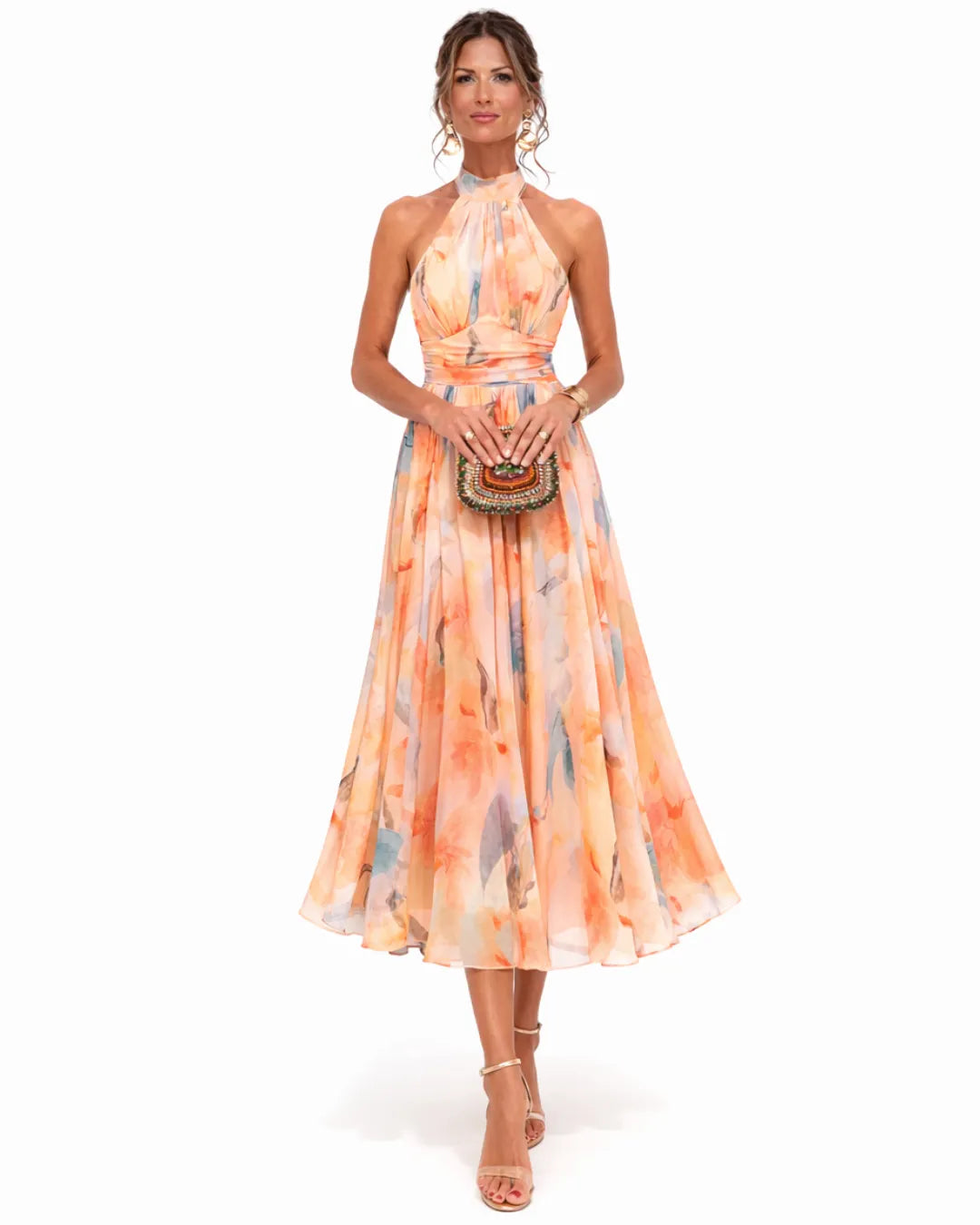 Women's Floral Backless Midi Wedding Guest Dress with High Neck