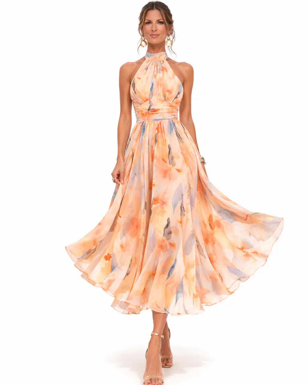 Women's Floral Backless Midi Wedding Guest Dress with High Neck