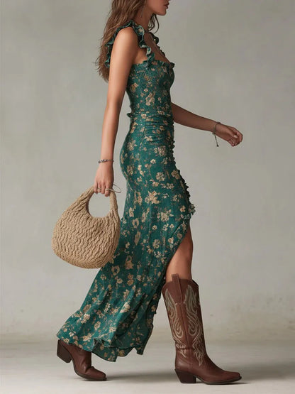 Women's Floral Boho Maxi Wedding Guest Dress with Slit