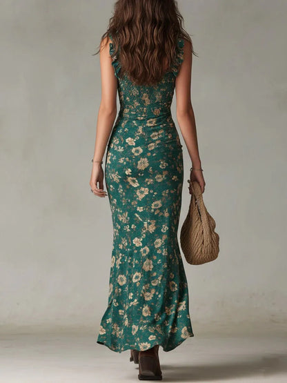 Women's Floral Boho Maxi Wedding Guest Dress with Slit