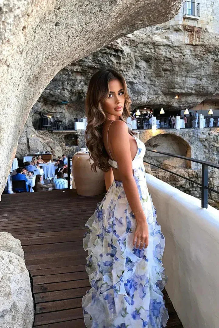 Women's Floral Corset Maxi Wedding Guest Dress with Ruffles