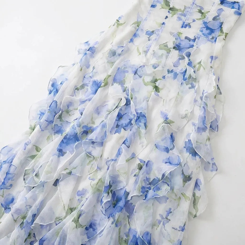 Women's Floral Corset Maxi Wedding Guest Dress with Ruffles