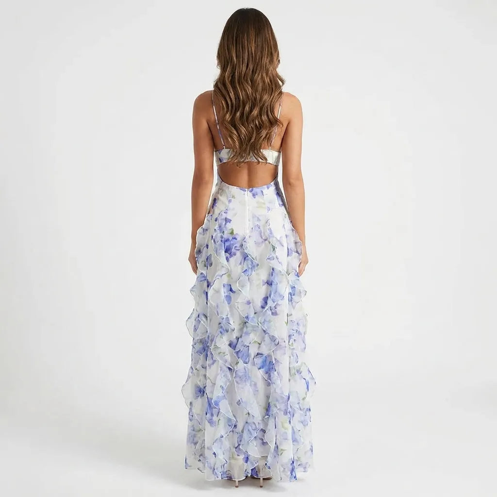 Women's Floral Corset Maxi Wedding Guest Dress with Ruffles