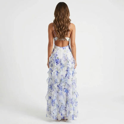 Women's Floral Corset Maxi Wedding Guest Dress with Ruffles