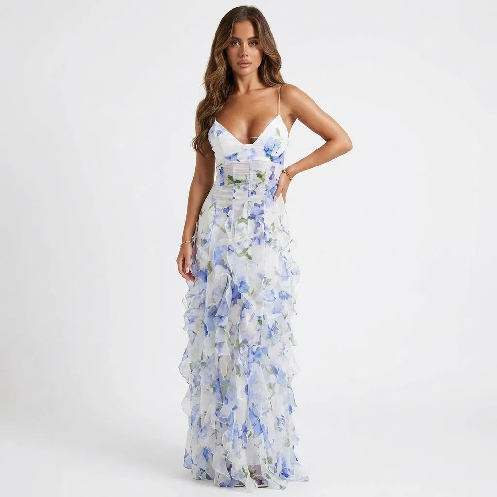 Women's Floral Corset Maxi Wedding Guest Dress with Ruffles