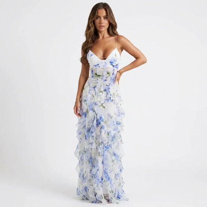 Women's Floral Corset Maxi Wedding Guest Dress with Ruffles