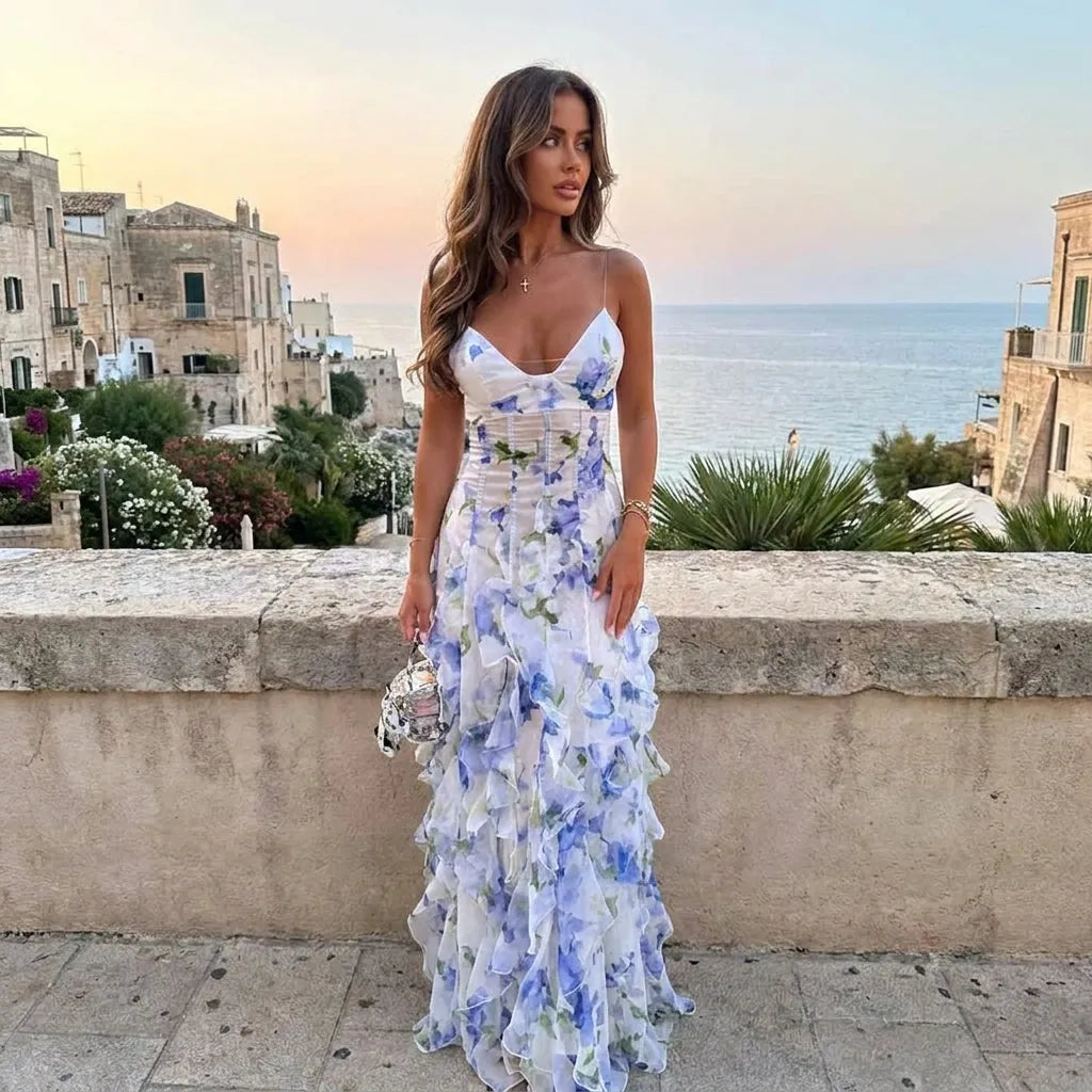 Women's Floral Corset Maxi Wedding Guest Dress with Ruffles