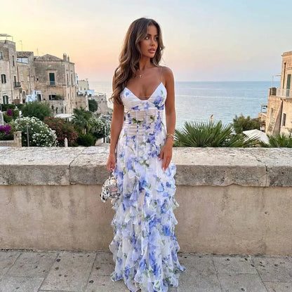 Women's Floral Corset Maxi Wedding Guest Dress with Ruffles