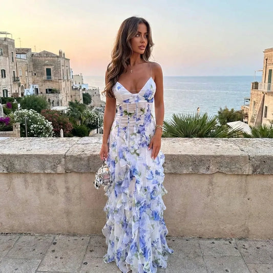 Women's Floral Corset Maxi Wedding Guest Dress with Ruffles