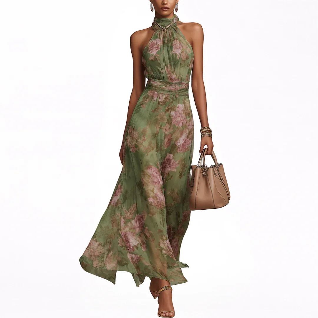 Women's Floral Elegant Maxi Wedding Guest Dress with High Neck