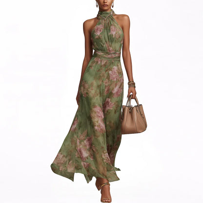 Women's Floral Elegant Maxi Wedding Guest Dress with High Neck