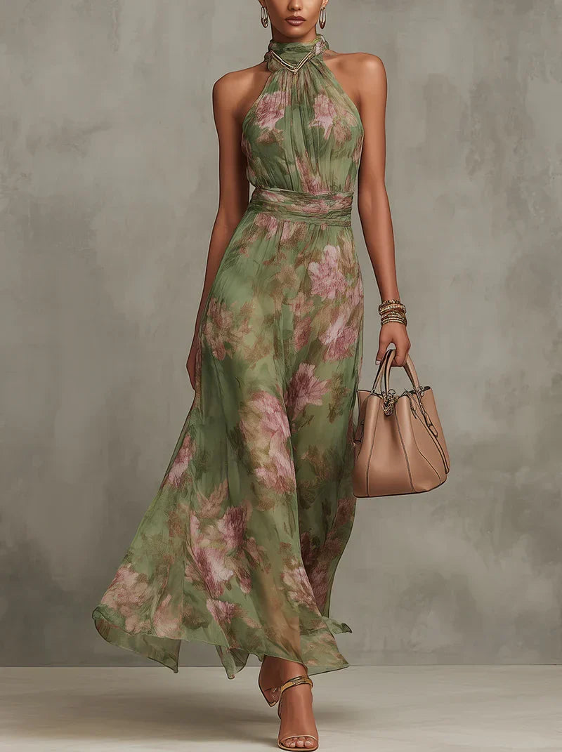 Women's Floral Elegant Maxi Wedding Guest Dress with High Neck