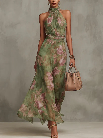 Women's Floral Elegant Maxi Wedding Guest Dress with High Neck