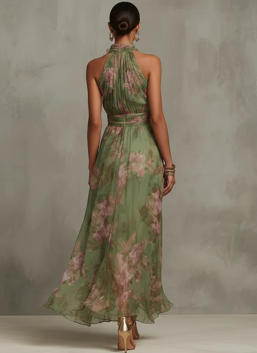 Women's Floral Elegant Maxi Wedding Guest Dress with High Neck